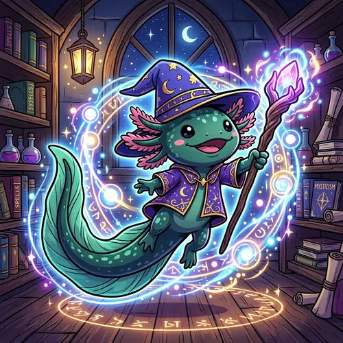 Adorable Axolotl Wizard Casting Epic Spell | Cel Shading Style