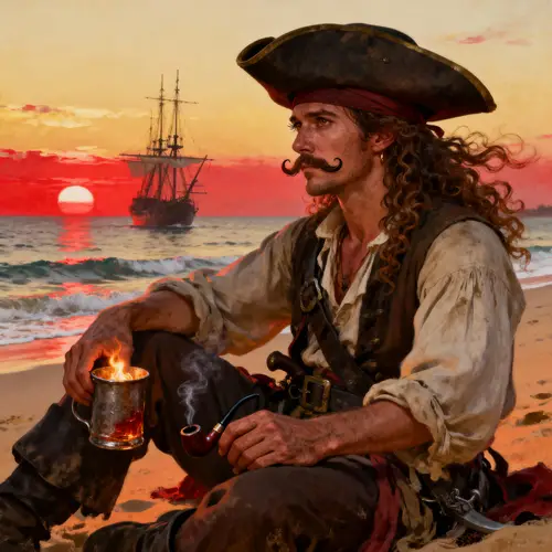 Pirate Quartermaster at Sunset Over the Vast Sea