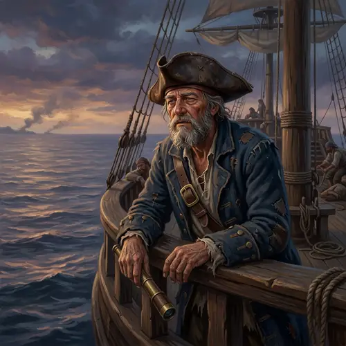 Pirate Quartermaster at Sunset Over the Vast Sea