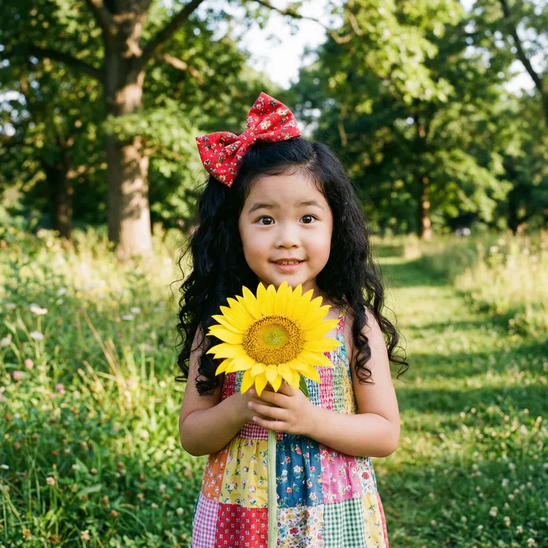 Cute East Asian Girl with Curly Hair and Sunflower