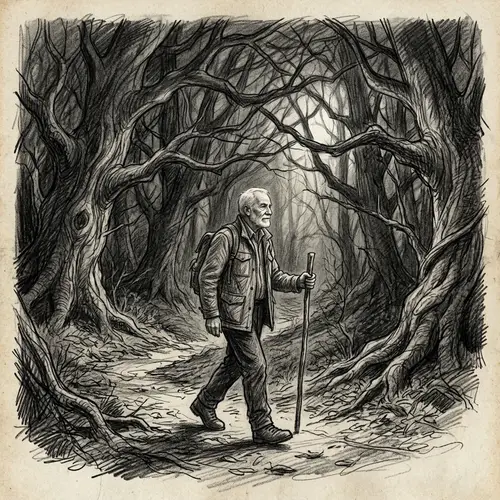 Ethereal Forest Walk: Graphite Pencil Illustration of Solitary Elderly Man