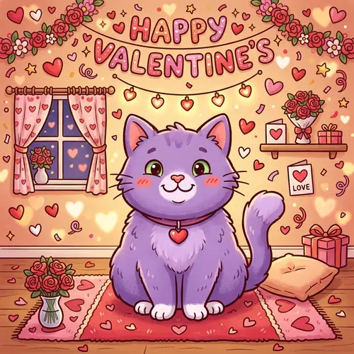 Cute Cartoon Purple Cat with Valentine Background
