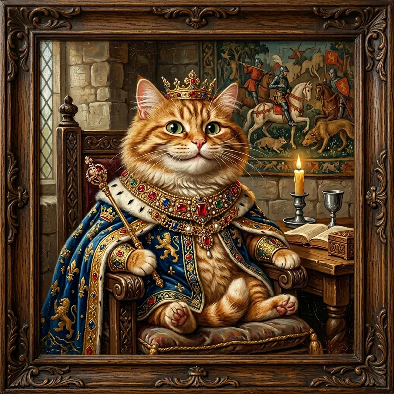 Medieval Cat with Ridiculous Muzzle and Royal Decorations Medieval Cat with Ridiculous Muzzle and Royal Decorations