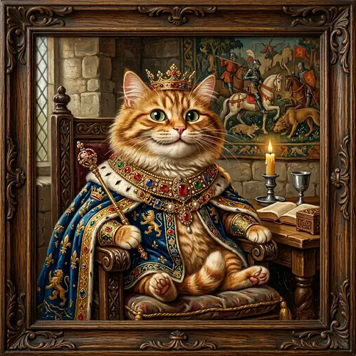 Medieval Cat Oil Painting: Ridiculous Muzzle & Royal Decor
