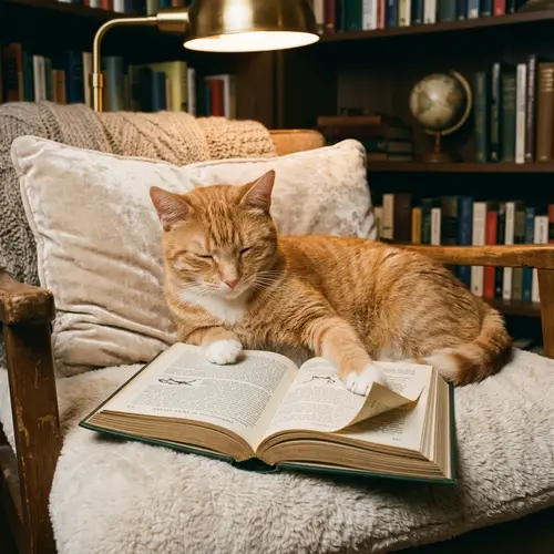 Intelligent Orange Cat Reading Book on Plush Cushion