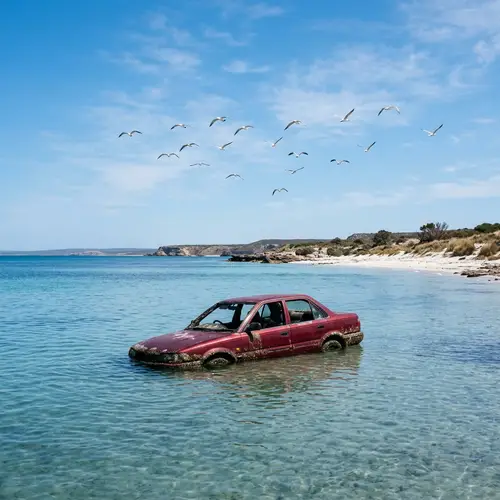 Red Car Submerged in Calm Sea | Deserted Beach Scene