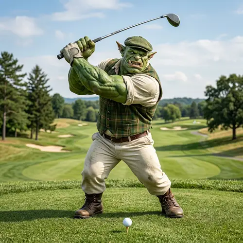Whimsical Ogre in Golf Attire Swinging Golf Club