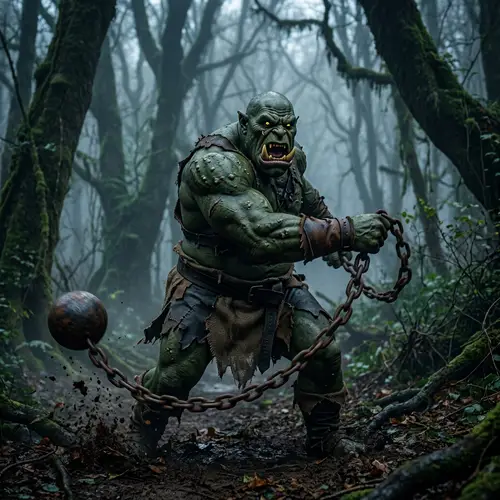Dangerous Green Ogre in Misty Forest Swinging Iron Chain