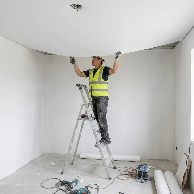 Professional Worker Installing Stretch Ceiling | Construction Site