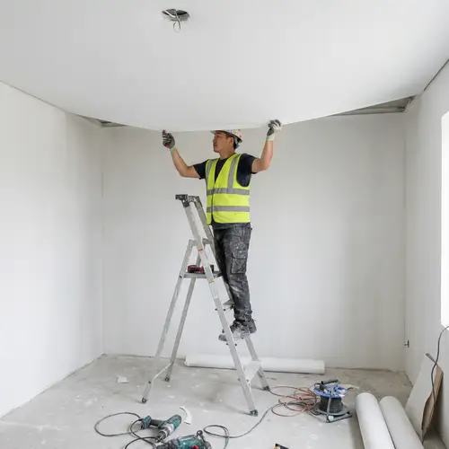Expert East Asian Worker Installing Stretch Ceiling | Construction Scene