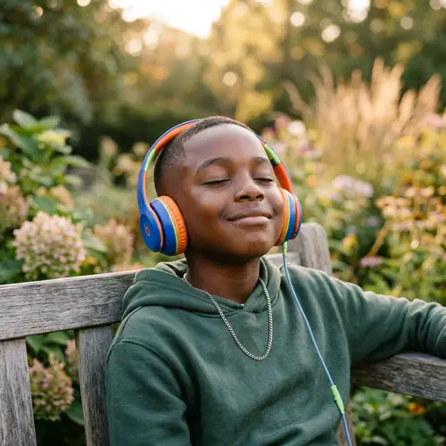 Handsome African Descent Boy Immersed in Music