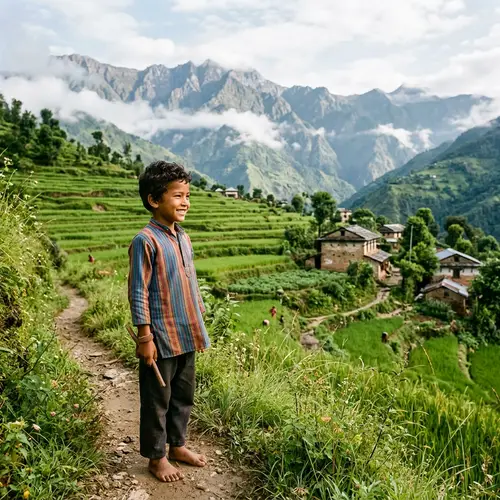 Serene South Asian Little Boy in Mountain Village Agriculture Area