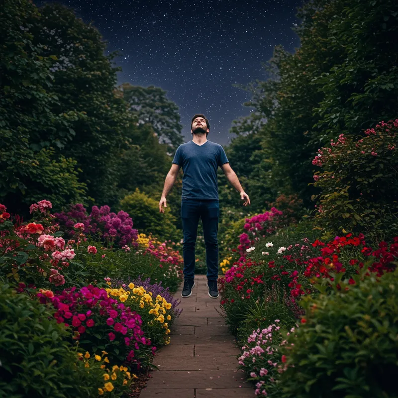 Man Levitating in a Night Garden