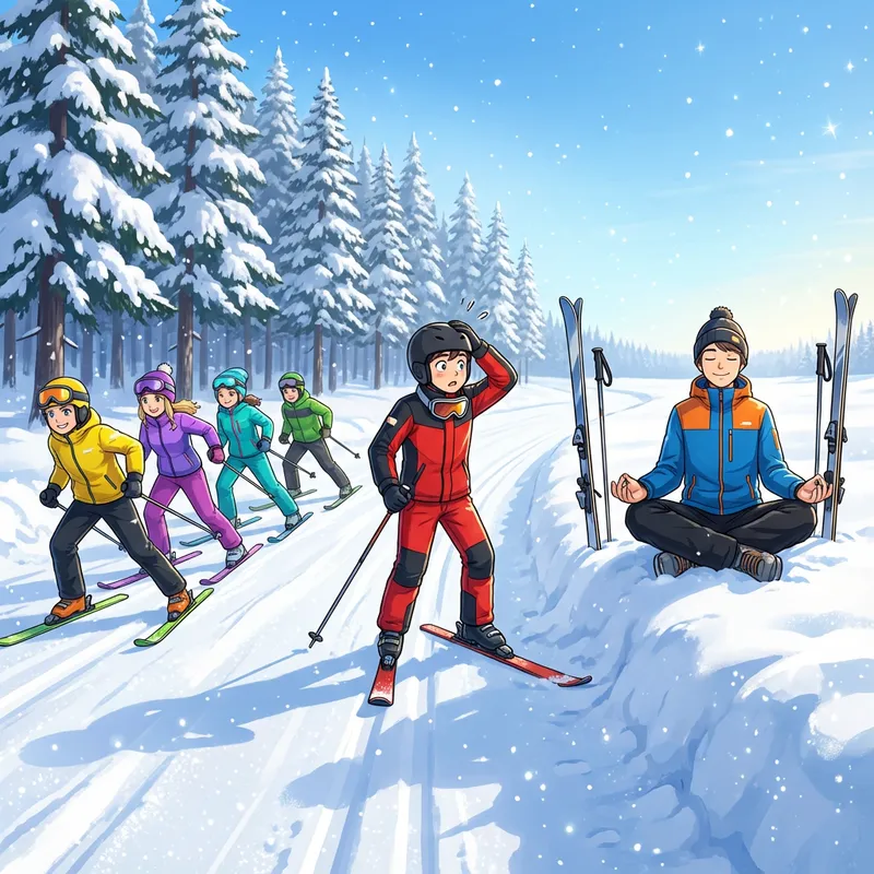 Whimsical Anime Winter Scene with Skiers