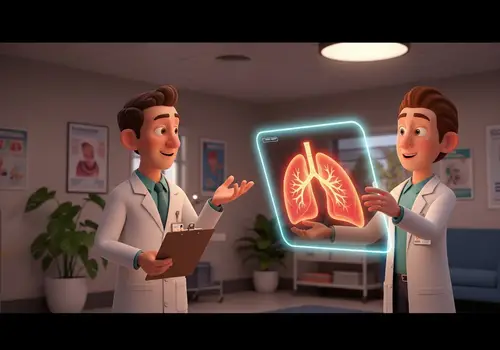 Pixar-Style Cartoon Doctors Examining Lung X-Ray