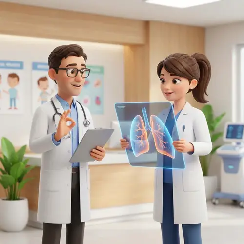 Pixar-Style Cartoon Doctors Examining Lung X-Ray