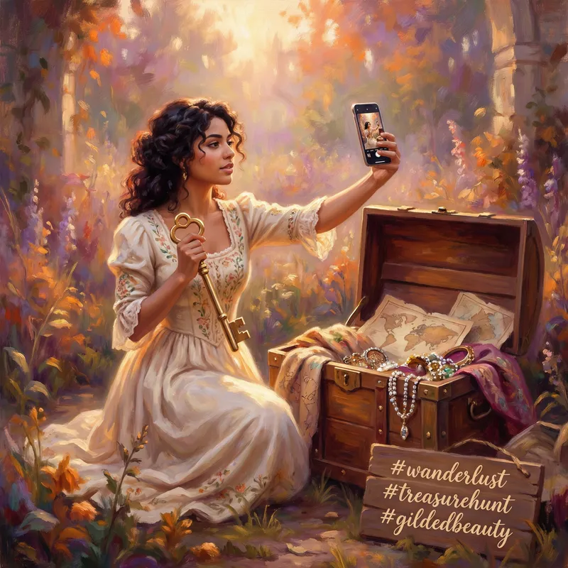 Vintage Impressionist Adventure: Hispanic Woman with Golden Key