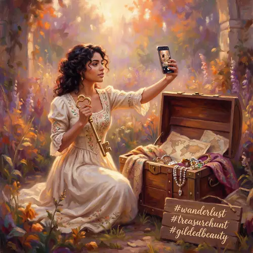 Vintage Beauty with Golden Key by Open Treasure Chest