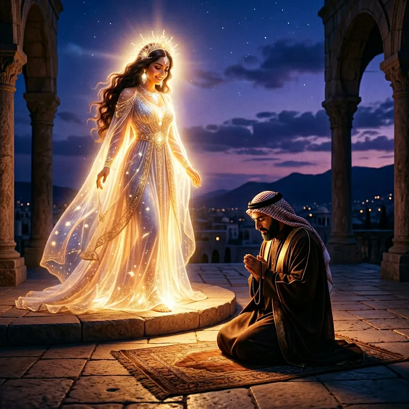 Spiritual Scene: Man Reveres Radiant Goddess Twice His Size