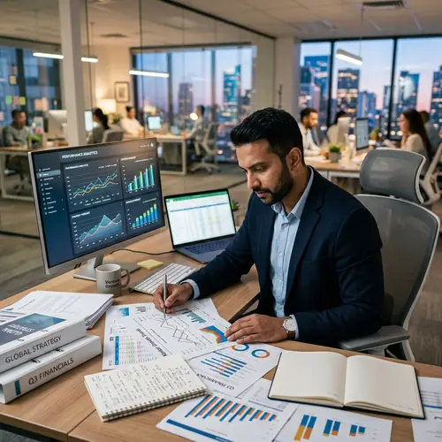 Focused South Asian Male Entrepreneur Studying Business Graphs