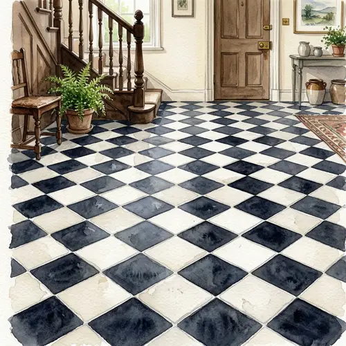 Watercolor Painting: Black & White Rhombus Floor Pattern