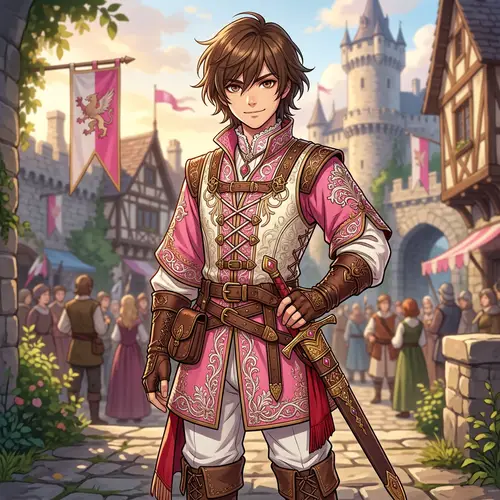 Anime Boy with Chin-Length Brown Hair in Pink Medieval Outfit