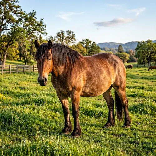 Healthy and Cheerful Horse with Enlarged Belly in Peaceful Field