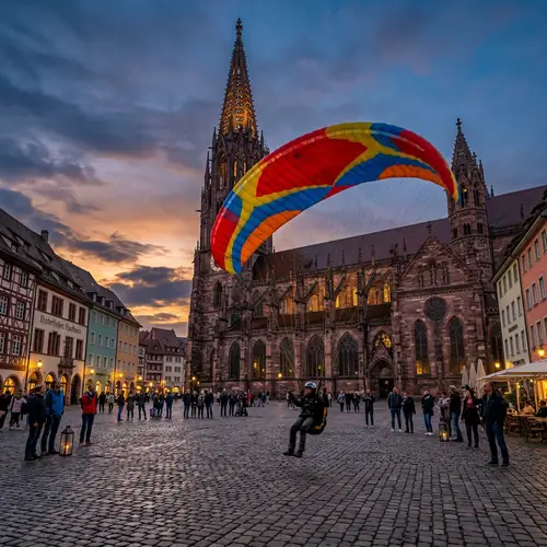 Paraglider Landing at Münsterplatz Church, Freiburg, Germany