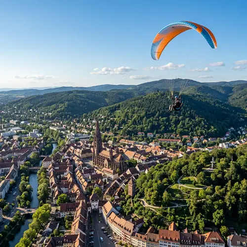 Paraglider Soaring Over Freiburg im Breisgau, Germany | Black Forest View
