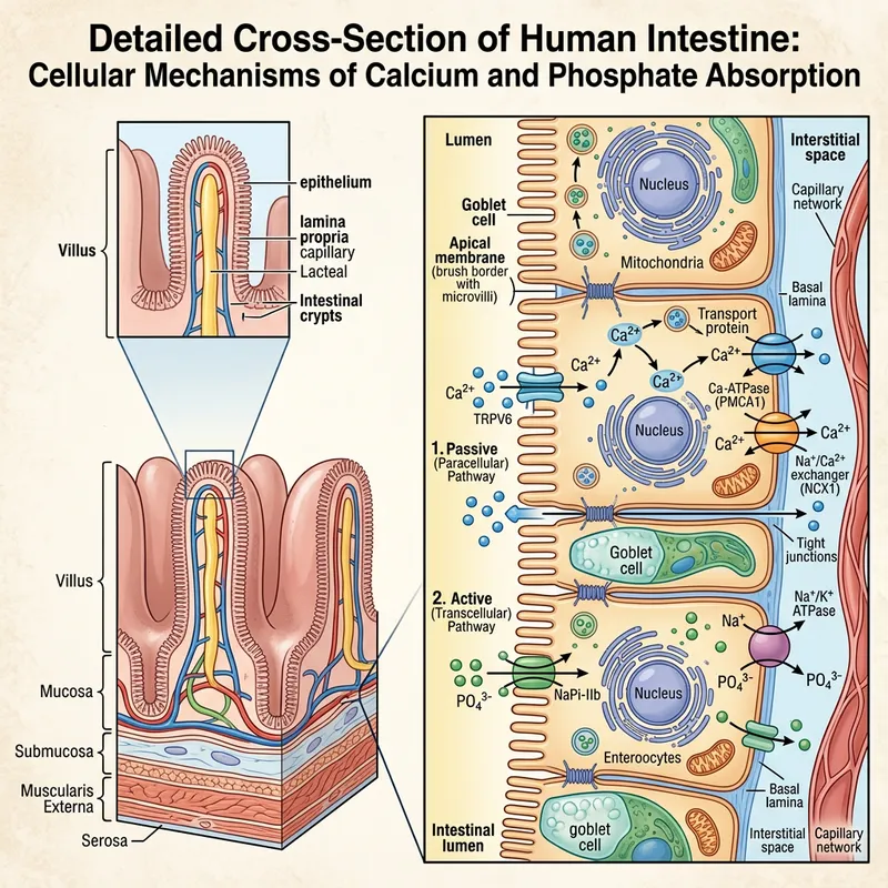 Human Intestine Cross Section: Absorption of Calcium & Phosphate Ions