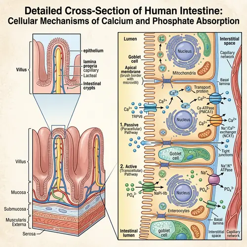 Human Intestine Cross Section: Absorption of Calcium & Phosphate Ions