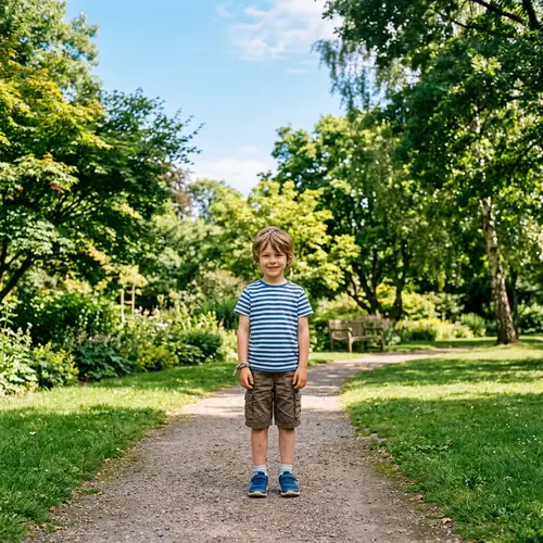 Young Boy in Casual Outfit Enjoying Serene Park Setting