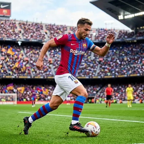 Hispanic Professional Footballer in Red and Blue Jersey | Action Shot