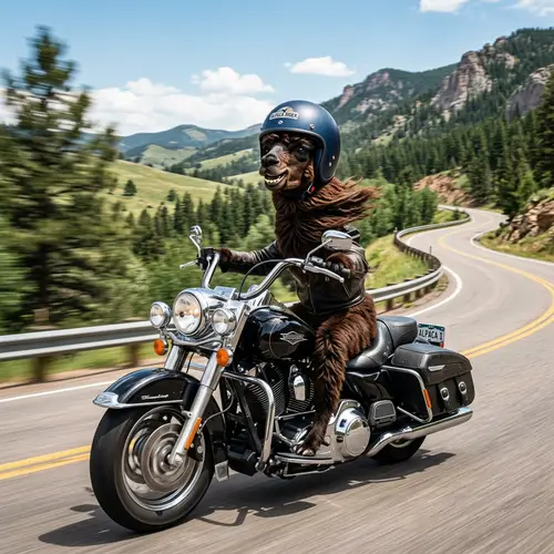 Male Alpaca Riding Motorcycle on Winding Road | Adventure Scene