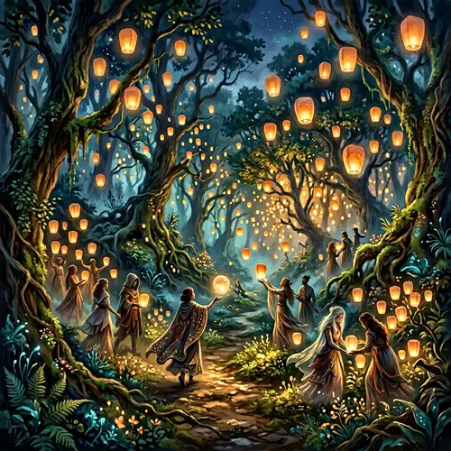 Enchanting Mystical Forest with Floating Lanterns