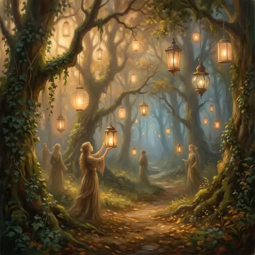 Enchanted Forest with Floating Lanterns | Fantasy Digital Painting