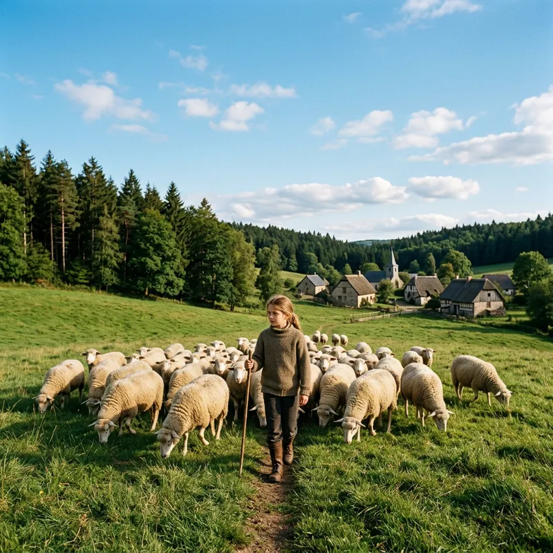 Young Girl Tending Sheep in Quaint Village | Nature Scene