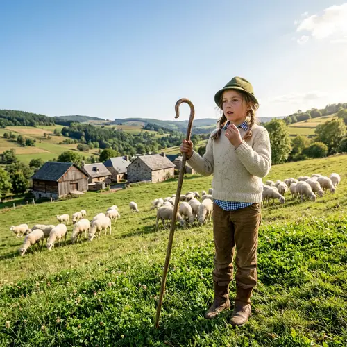 Sarah Watching Over Sheep on a Grass Hillside