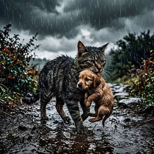 Cat Rescues Golden Retriever Puppy in Brave Act