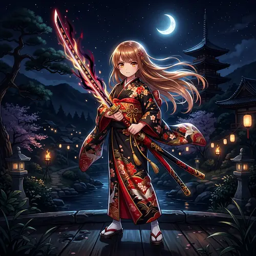 Anime Girl in Black and Red Kimono with Bronze Hair and Katana