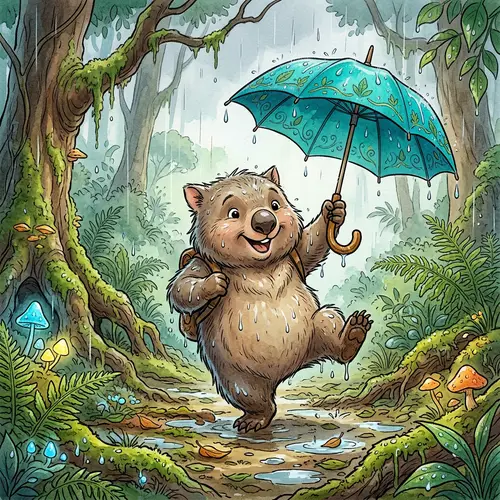 Soggy Wombat Dancing with Turquoise Umbrella | Vibrant Animated Scene