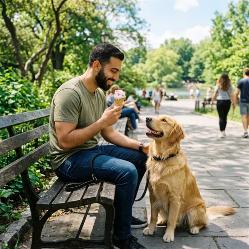 Middle-Eastern Man Savors Strawberry Ice Cream with Companionship | City Park Scene