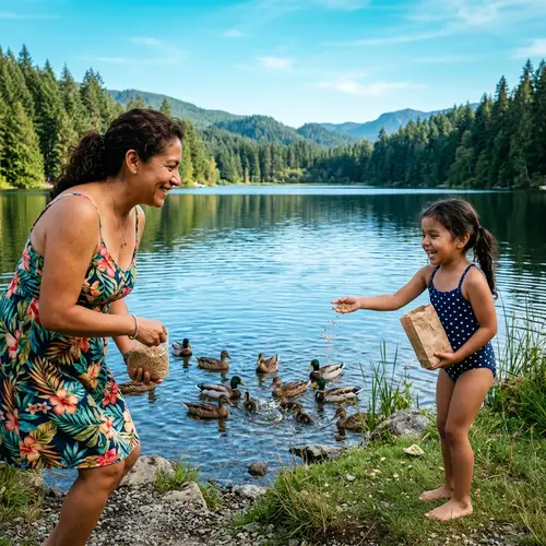 Hispanic Mother and Daughter Enjoying Lake Day
