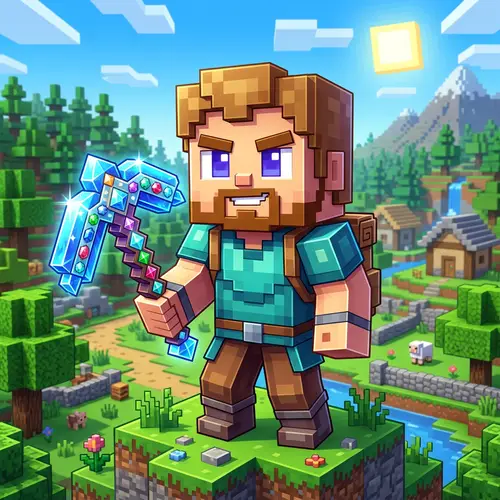 cool avatar for a YouTube channel with a Steve from Minecraft who holds a diamond pickaxe