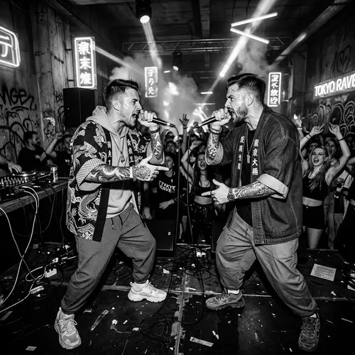 Neon Underground Rave: Samurai Rap Battle in Modern Street Style