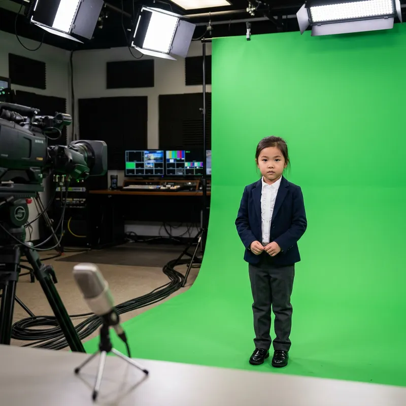 4-Year-Old Girl in Formal Attire at News Studio