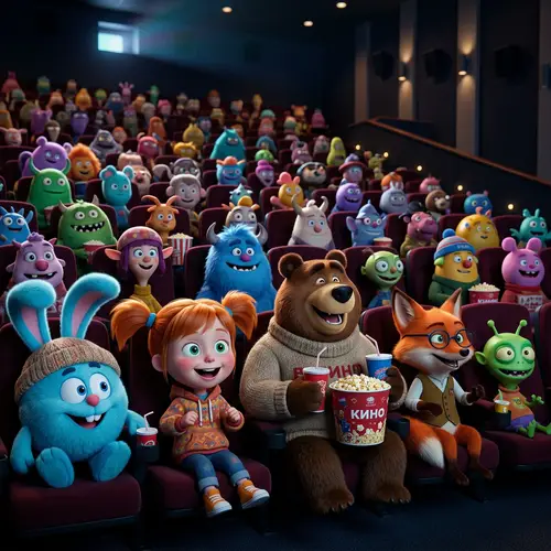 characters of modern Russian animation are sitting in the cinema hall