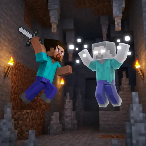 Minecraft 3D Art: Steve vs Herobrine Battle Scene