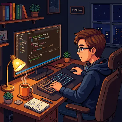 Pixel Art Developer Coding with Coffee