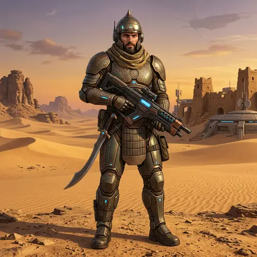 Futuristic Middle-Eastern Space Marine Fighter in Desert Landscape